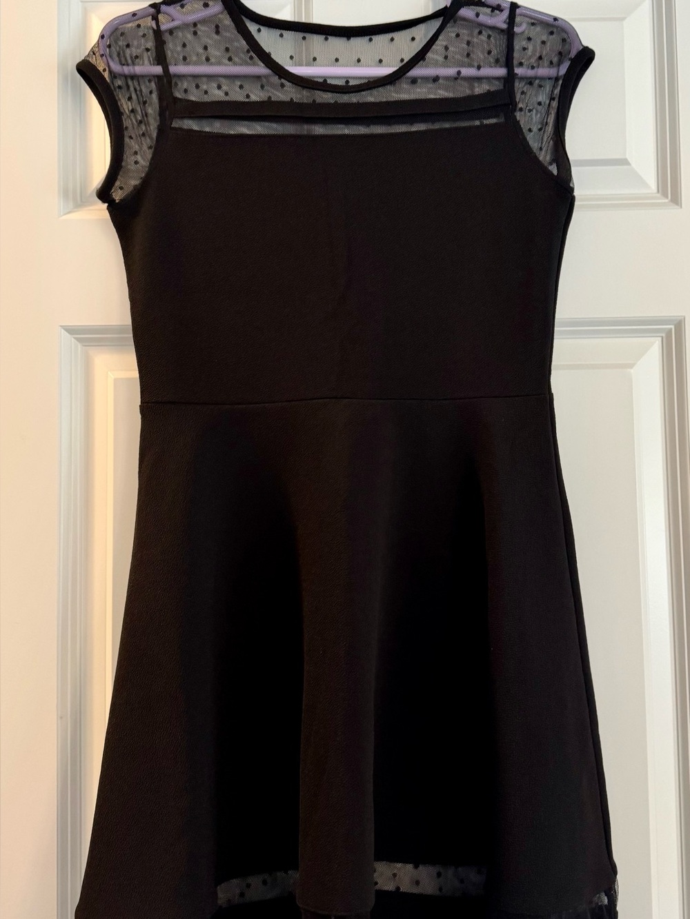 Girls Black Dress with Sheer Polka Dot Yoke